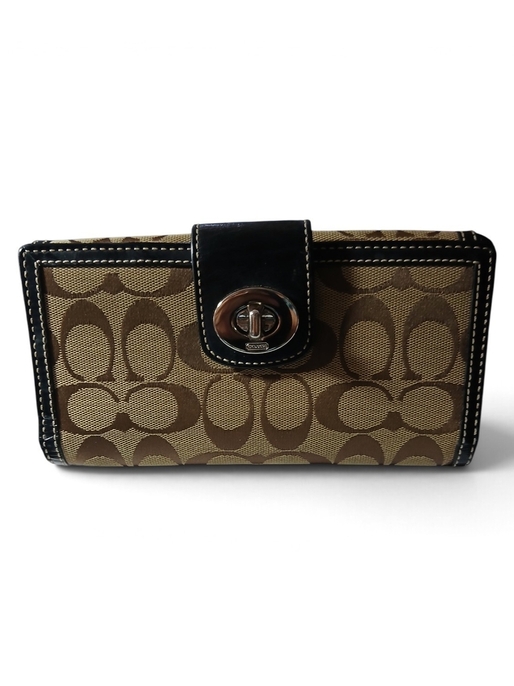 Coach Brown Signature Canvas Wallet with Dark Brown Trim and Turnlock